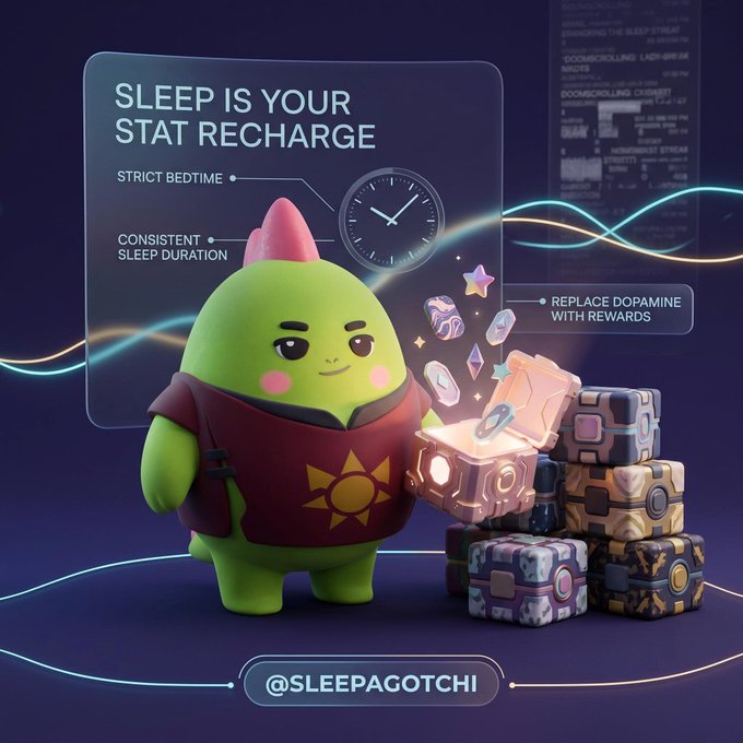 A 3D-rendered promotional graphic for '@SLEEPAGOTCHI' featuring a cute green character with a pink mohawk standing next to treasure chests. The text reads 'SLEEP IS YOUR STAT RECHARGE' with annotations for 'STRICT BEDTIME', 'CONSISTENT SLEEP DURATION', and 'REPLACE DOPAMINE WITH REWARDS'.