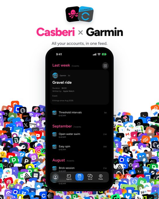 Promotional graphic for Casberi x Garmin integration featuring an iPhone mockup displaying the Garmin app activity feed with events like 'Gravel ride' and 'Open water swim', surrounded by a collage of app icons.