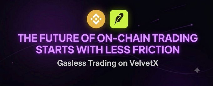 A dark promotional banner features two icons (Binance and Velvet) and glowing pink text reading 'THE FUTURE OF ON-CHAIN TRADING STARTS WITH LESS FRICTION' and 'Gasless Trading on VelvetX'.