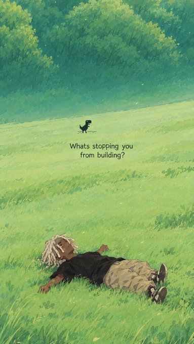 An illustration of a person lying in a grassy field watching a small dinosaur, with the text 'What's stopping you from building?'