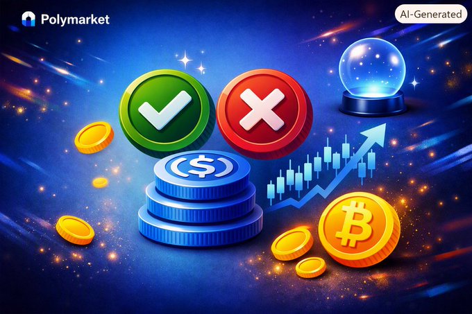 AI-generated Polymarket promotional graphic featuring green checkmark and red X buttons, a stack of blue dollar coins, a Bitcoin coin, a crystal ball, and a rising stock chart against a starry blue background.