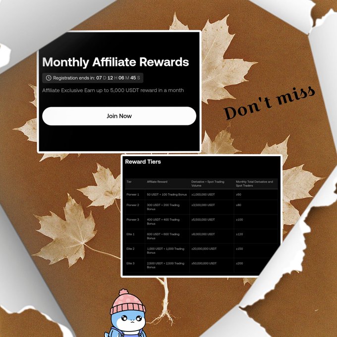 A 'Monthly Affiliate Rewards' promotional graphic featuring a Join Now button, a registration countdown timer, and a Reward Tiers table with USDT trading bonuses ranging from $50 to $2,500, decorated with autumn maple leaves.