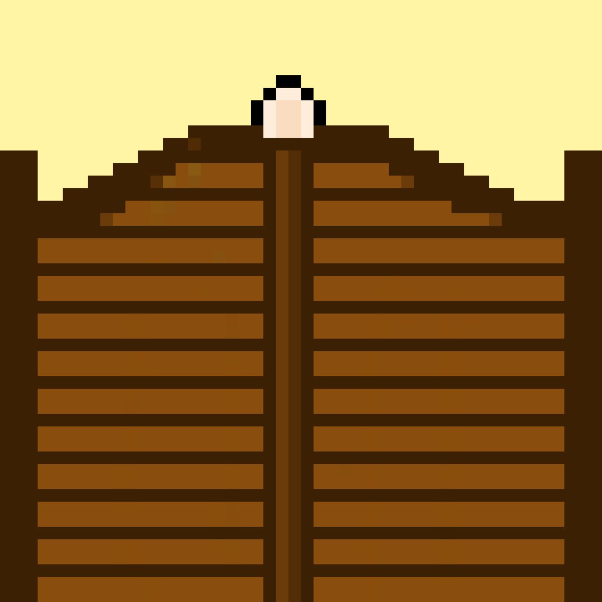 The image features a wooden door with vertical slats that are brown in color. The door appears to be made of wood and has a paneled design. It's positioned at an angle, giving it a unique appearance. The door seems to be closed, as there is no visible handle or knob on the right side.