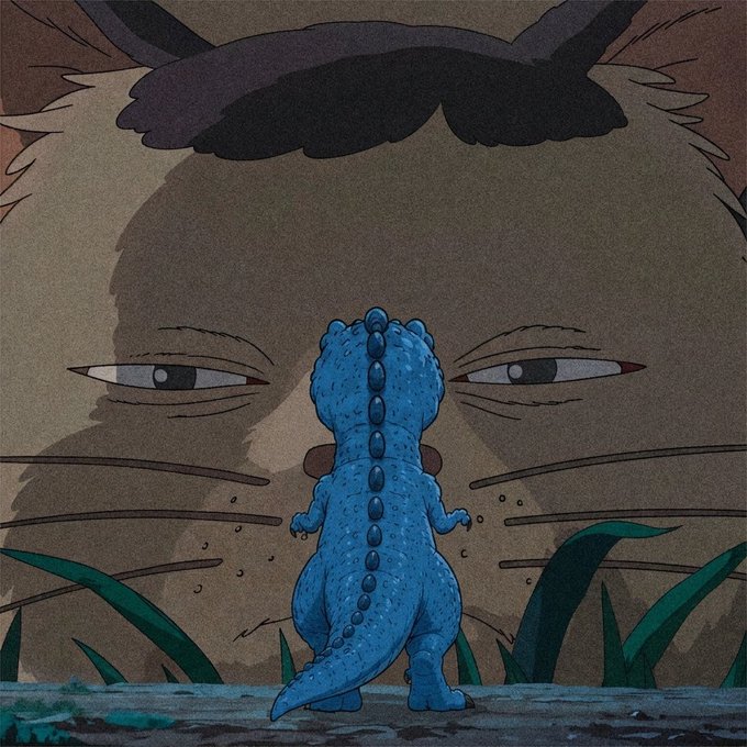 An anime-style illustration showing a small blue dinosaur viewed from behind, standing in grass and facing a giant cat-like creature with piercing eyes and a dark cloud-like marking on its forehead.