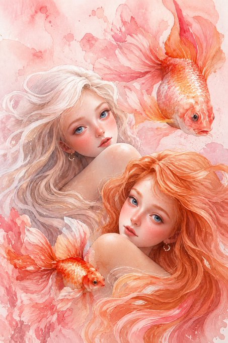 A watercolor-style illustration depicts two girls with flowing hair alongside two orange and white goldfish on a pink background.