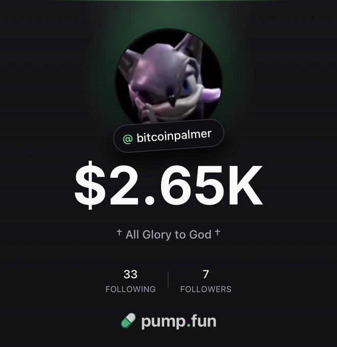 The same Pump.fun profile for '@bitcoinpalmer' showing $2.65K, 33 following, 7 followers, and the tagline '† All Glory to God †' with a metal sonic-style avatar.