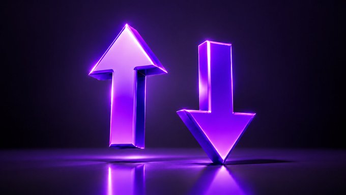 A 3D render of two glowing purple neon arrows, one pointing up and one pointing down, against a dark background.