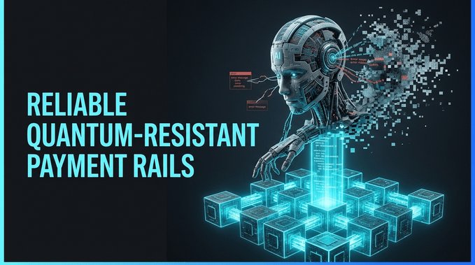 A futuristic graphic featuring a robotic head and glowing data blocks, advertising 'Reliable Quantum-Resistant Payment Rails.'