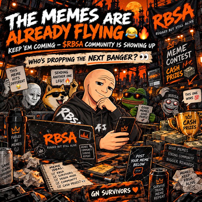 A promotional graphic for 'RBSA - RUGGED BUT STILL ALIVE' displays text 'THE MEMES ARE ALREADY FLYING' and features a central bald character in an RBSA hoodie using a smartphone, surrounded by various meme characters, cash prizes, and survival-themed items.