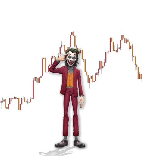 A 3D-rendered figure of the Joker in a red suit salutes with two fingers, standing in front of a red and gold cryptocurrency candlestick chart on a white background.
