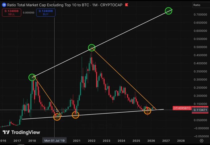 A TradingView chart titled 'Ratio Total Market Cap Excluding Top 10 to BTC - 1M - CRYPTOCAP' shows the ticker 'OTHERS/BTC' at 0.113471, displaying a long-term ascending triangle pattern with candlestick data from 2016 projected to 2028.
