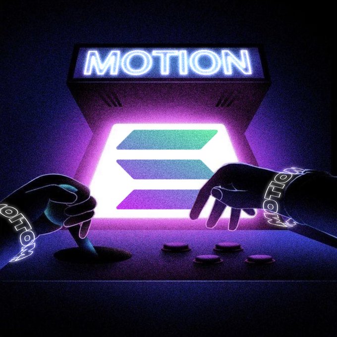 A neon-lit arcade cabinet displays "MOTION" in glowing blue letters above a stylized "E" logo on the screen, with two gloved hands resting on the control panel's buttons and joysticks. The futuristic, synthwave-style artwork evokes a retro gaming aesthetic that ties into the post's announcement of Motion launching on Solana.