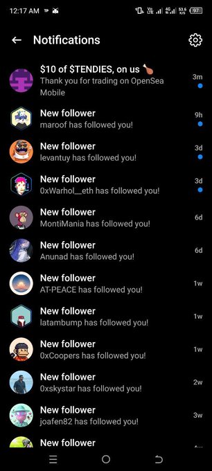 A smartphone screenshot of a Notifications page showing a message from OpenSea stating "$10 of $TENDIES, on us - Thank you for trading on OpenSea Mobile," received 3 minutes ago, followed by several new follower notifications including maroof, levantuy, 0xWarlhoI_eth, MontiMania, Anunad, AT-PEACE, latambump, 0xCoopers, 0xskystar, and joafen82. The image supports the post by providing visual proof of the $10 reward the user received from OpenSea.