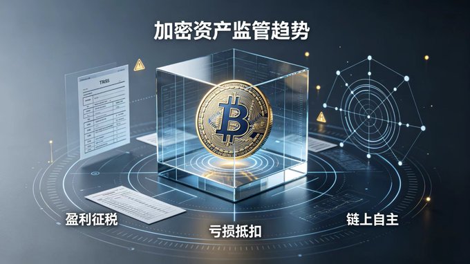 A futuristic graphic titled '加密资产监管趋势' (Crypto Asset Regulatory Trends) featuring a Bitcoin coin inside a transparent cube, surrounded by icons for '盈利征税' (Profit Taxation), '亏损抵扣' (Loss Deduction), and '链上自主' (On-Chain Autonomy).