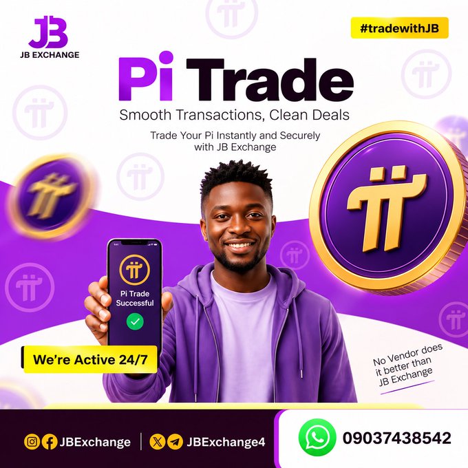 An advertisement for "JB Exchange" featuring "Pi Trade" with a man holding a phone showing "Pi Trade Successful," promoting 24/7 active service.