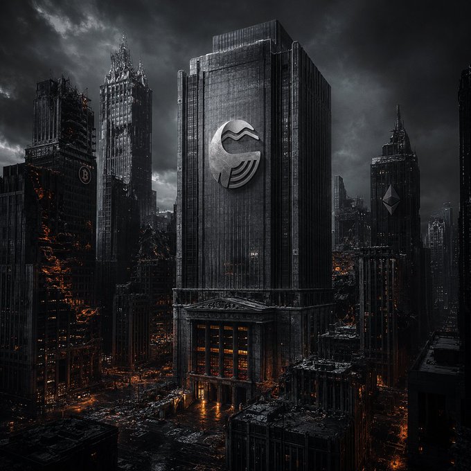 Dark, moody cityscape of damaged skyscrapers under stormy skies, with a stylized circular logo overlaid on the central building and a Bitcoin symbol visible on a building to the right.