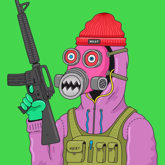 A cartoon illustration of a character wearing a pink hoodie, red beanie labeled 'MEAT', and a gas mask, holding an assault rifle against a green background.