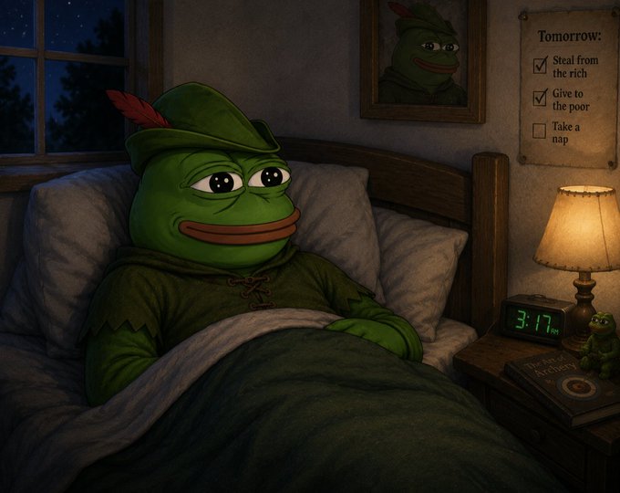 A Pepe frog in a Robin Hood hat lies awake in bed at 3:17 AM beside a to-do list ("Tomorrow: Steal from the rich ✓, Give to the poor ✓, Take a nap ☐") and a copy of "The Fine Art of Investing," humorously illustrating the "No sleeping" message that the $REPE community is always active.