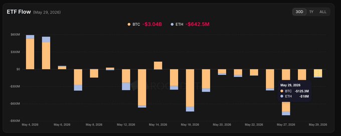 The image features a screenshot of an EFT flow chart, showing various amounts of value being added throughout the day. The x-axis represents time, with each bar indicating the amount of money being invested over a 24 hour period starting from May 26th, 2008 and ending on May 29th, 2008. The y-axis shows different cryptocurrency flows, specifically representing Bitcoin and ether values in dollars. There are bars for Bitcoin and Ether showing different levels of investment value at various points during that period. It is important to pay attention to the specifics of each bar and how they relate to the time period displayed on the x-axis.
