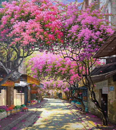A vibrant painting or illustration of a street lined with blooming pink cherry blossom trees casting dappled shadows on the pavement below.