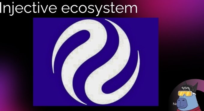 The image shows a purple logo with a white swirl design, which appears to be related to an injective ecosystem. The caption below the image provides information about the injective ecosystem, stating that today's topic will cover what Injective ecosystem is all about. It also mentions that there are two key features of this ecosystem and why it is worth paying attention to.