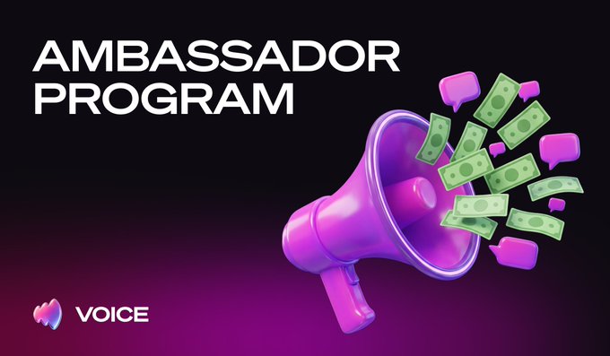 A promotional graphic for an 'Ambassador Program' by VOiCE featuring a pink megaphone with money and chat bubbles emerging from it.