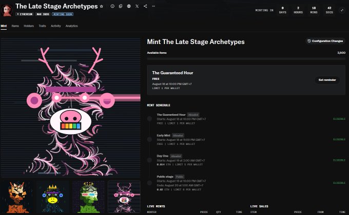 Screenshot of an NFT mint page for “The Late Stage Archetypes,” showing four mint schedules—“The Guaranteed Hour,” “Early Mint,” “Day One,” and “Public”—with a $3,000 available mint and “Set reminder” options. The colorful collection artwork is visible on the left, corresponding to the creator’s exclusive GA, free mint, and shoutout to @WizardX_0x.