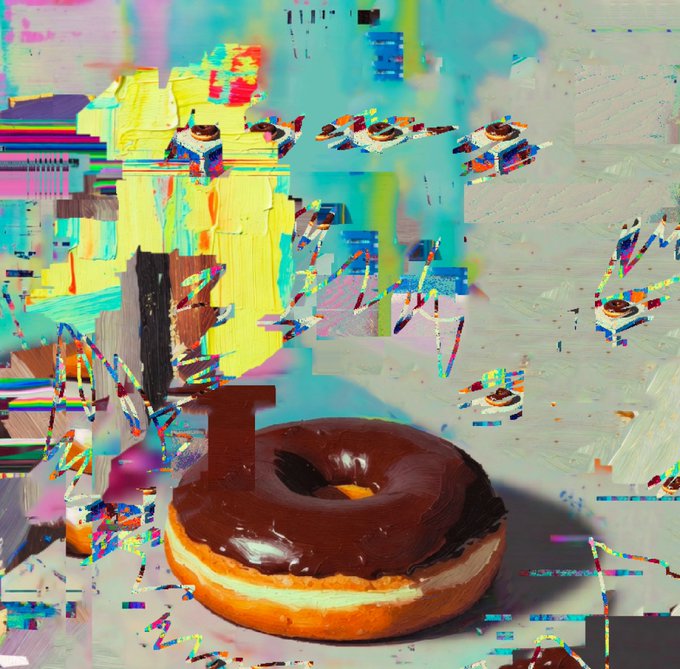 A chocolate-glazed donut sits in front of a chaotic, glitch-art background featuring multiple repeated images of donuts and a bright cyan and yellow color palette.