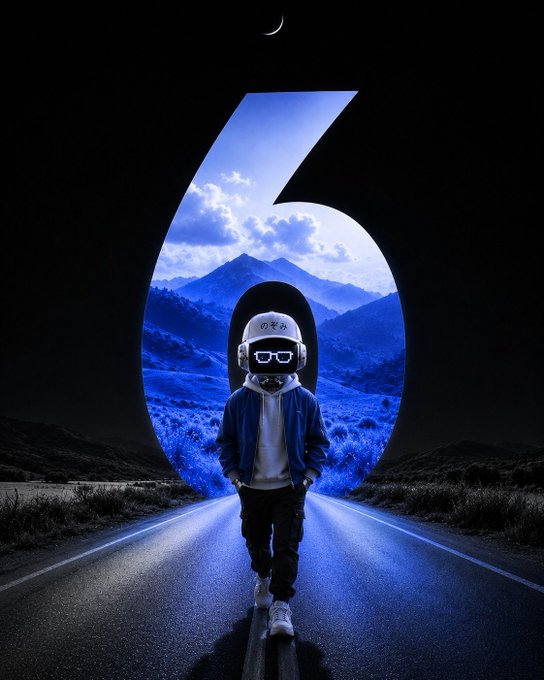 A digital artwork shows a person in a hoodie and pixelated sunglasses walking down a road, framed by the number '6' with a moonlit mountain landscape inside.