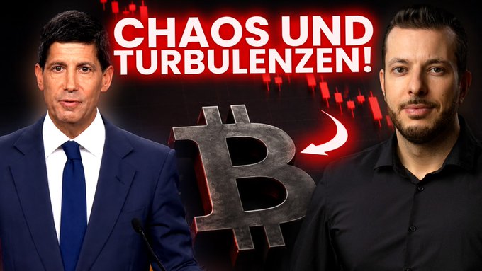 The image is a YouTube thumbnail featuring two men flanking a large 3D Bitcoin logo and a red downward-trending candlestick chart, with the bold text "CHAOS UND TURBULENZEN!" at the top. It relates to the post by promoting a new video discussing how Bitcoin is faring amid market chaos triggered by AI stock corrections and Fed official Kevin Warsh.