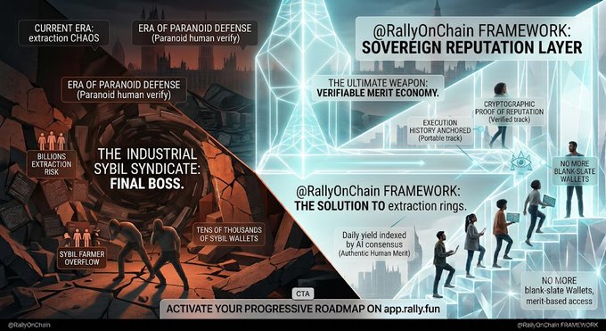 An infographic promoting the '@RallyOnChain FRAMEWORK: SOVEREIGN REPUTATION LAYER' as a solution to extraction rings, contrasting 'THE INDUSTRIAL SYBIL SYNDICATE' with 'VERIFIABLE MERIT ECONOMY', with a CTA to app.rally.fun.