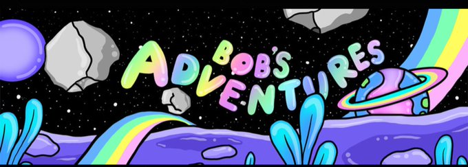 A colorful, cartoon-style banner with the text 'ADI BOB'S ADVENTURES' set against a space background featuring a rainbow, stars, asteroids, and a ringed planet.