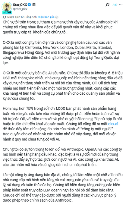 Vietnamese Twitter/X post by Star_OKX (@star_okx) discussing OKX's response to Anthropic's usage policy.