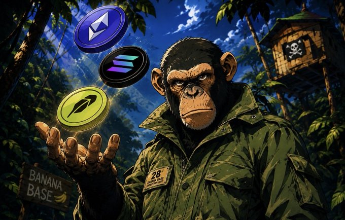 A chimpanzee in military fatigues stands in a jungle outpost labeled "Banana Base," holding up three cryptocurrency tokens (BNB, Solana, and Blast) in his hand, with a pirate-flagged treehouse in the background. The image playfully ties into the "rebranding" theme by referencing legendary ape-turned-leader Caesar, suggesting the trader is announcing a strategic shift or new identity heading into the next bull market.