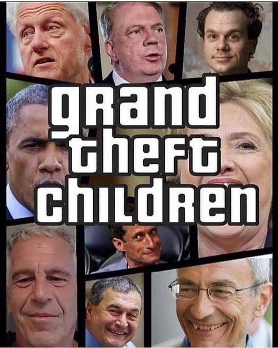 The image is a conspiracy theory meme titled "GRAND THEFT CHILDREN" featuring photos of various public figures including Bill Clinton, Prince Andrew, Bill Gates, Barack Obama, Hillary Clinton, Robert De Niro, Prince Charles, George Clooney, and Jeffrey Epstein. The collage reinforces the post's claim by suggesting these prominent figures are part of a cover-up, with the text implying the public is being distracted by gas prices while these individuals allegedly engage in child trafficking without consequence.