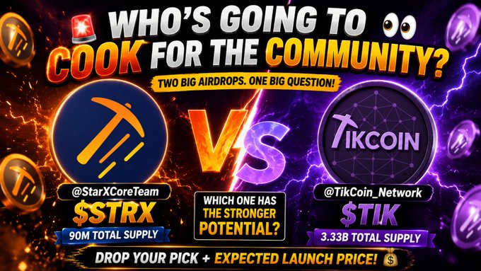 The image is a vibrant, meme-style promotional graphic comparing two airdrops, $STRX (90M total supply, @StarXCoreTeam) versus $TIK (3.33B total supply, @TikCoin_Network), under the bold headline "WHO'S GOING TO COOK FOR THE COMMUNITY?" with a central "VS" and a call-to-action to "DROP YOUR PICK + EXPECTED LAUNCH PRICE." The fiery purple design and playful tone directly support the accompanying post by visually framing the debate over which token has stronger potential.