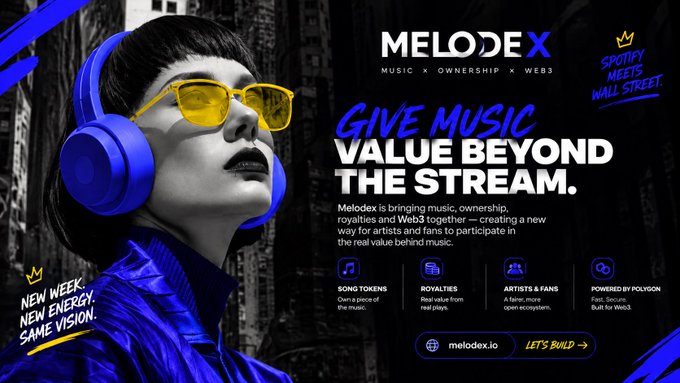 A promotional graphic for Melodex featuring a woman with blue headphones and yellow sunglasses, with text 'Give Music Value Beyond The Stream' and information about song tokens, royalties, and Web3.