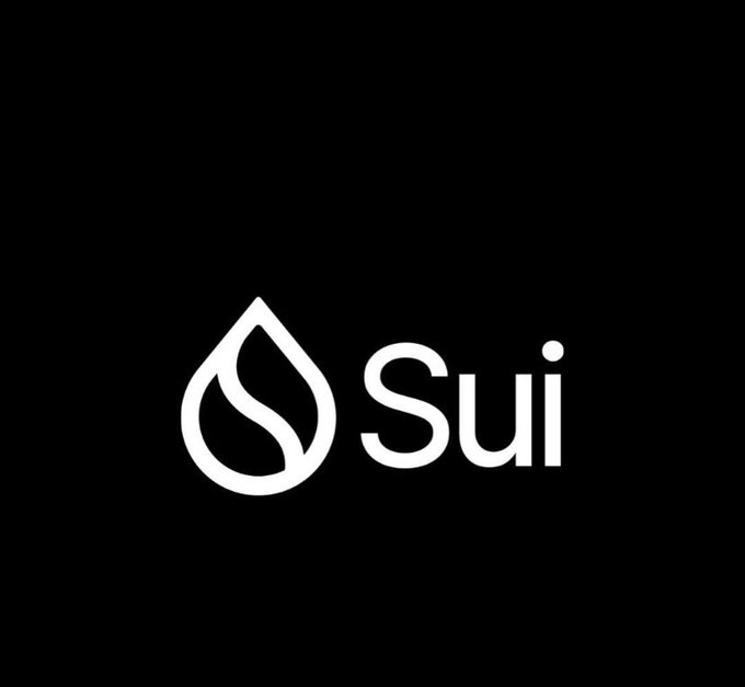 The Sui blockchain logo, featuring a stylized water drop and the word 'Sui', is displayed in white on a black background.