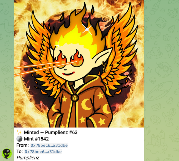 A digital art NFT titled 'Minted - Pumplienz #63' showing a cartoonish fire-themed character with flame eyes and hair, with Mint #1542 transaction details displayed below.