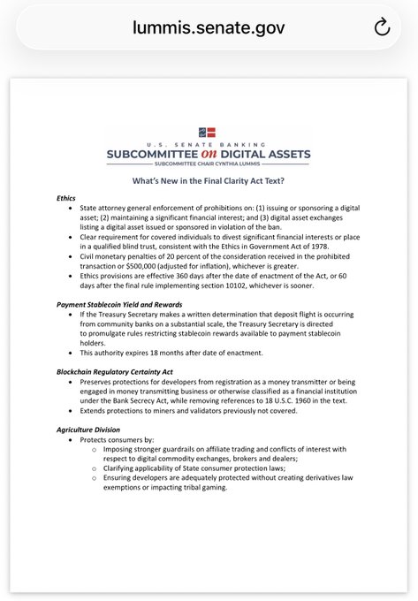 A webpage from 'lummis.senate.gov' titled 'SUBCOMMITTEE ON DIGITAL ASSETS' summarizing 'What's New in the Final Clarity Act Text?', covering sections on Ethics, Payment Stablecoin Yield and Rewards, Blockchain Regulatory Certaincy Act, and Agriculture Division.