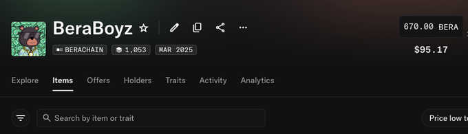 A screenshot of an NFT collection page titled 'BeraBoyz' on the Berachain network, showing a floor price of $95.17 and 670.00 BERA.