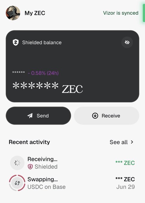 A ZEC wallet interface shows a "Shielded balance" with a hidden amount, displaying a -0.58% (24h) change, along with pending "Receiving..." and "Swapping..." transactions, illustrating the privacy-focused features the poster finds impressive.