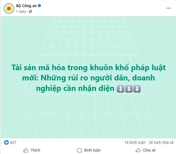 A Facebook post from 'Bộ Công an' (1 ngày) featuring Vietnamese text about 'Tài sản mã hóa trong khuôn khổ pháp luật mới: Những rủi ro người dân, doanh nghiệp cần nhận diện' with 437 reactions, 14 comments, and 56 shares.