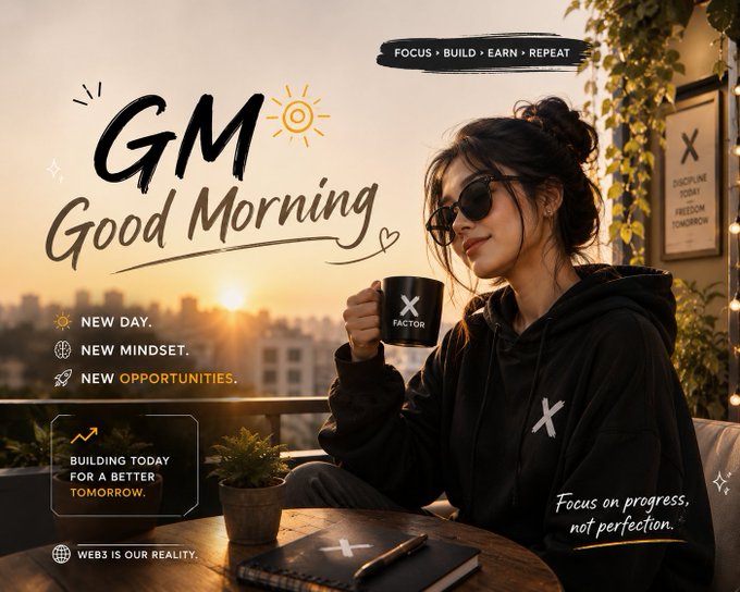 A motivational graphic featuring a woman in sunglasses and a black "X" hoodie holding a coffee mug, with stylized text reading "GM Good Morning," "FOCUS • BUILD • EARN • REPEAT," and other inspirational quotes overlaid on a balcony city view.