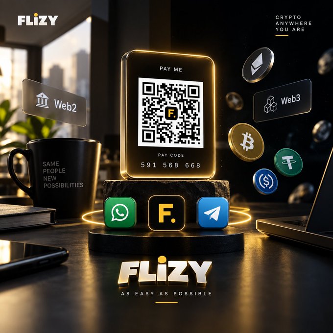 A promotional advertisement for 'FLIZY' displays a glowing golden card with a QR 'PAY CODE', surrounded by floating cryptocurrency coins and 'Web2'/'Web3' labels, accompanied by the text 'CRYPTO ANYWHERE YOU ARE' and 'AS EASY AS POSSIBLE'.