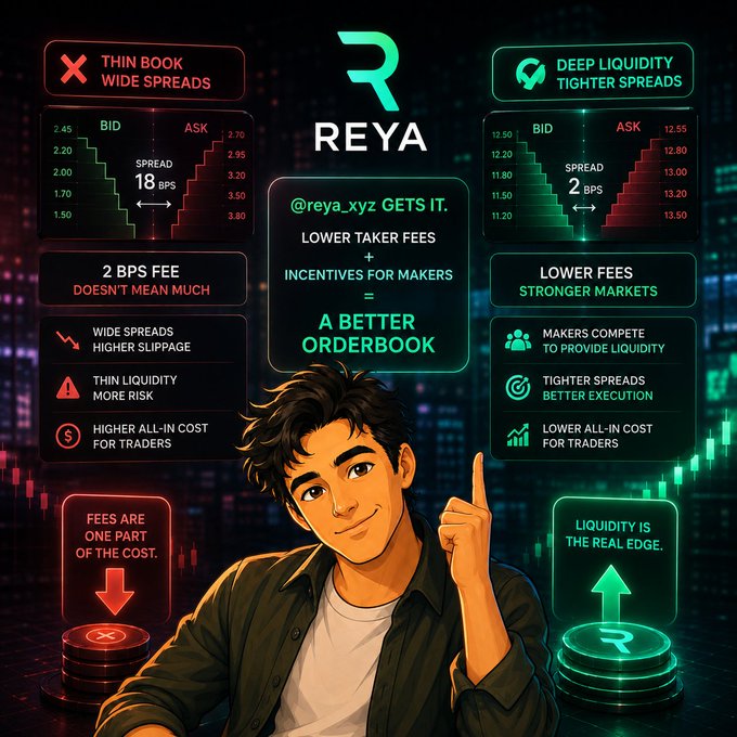 An illustrated character points upward in a REYA promotional graphic comparing 'THIN BOOK WIDE SPREADS' with an 18 BPS spread to 'DEEP LIQUIDITY TIGHTER SPREADS' with a 2 BPS spread, featuring the tagline '@reya_xyz GETS IT. LOWER TAKER FEES + INCENTIVES FOR MAKERS = A BETTER ORDERBOOK'.