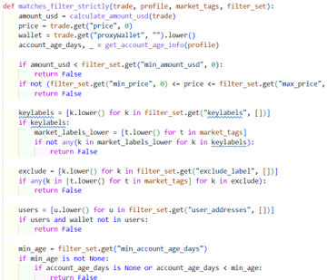 A screenshot of Python code defining a function `matches_filter_strictly` that checks trade data against filter criteria including amount, price, key labels, exclude labels, and user addresses.