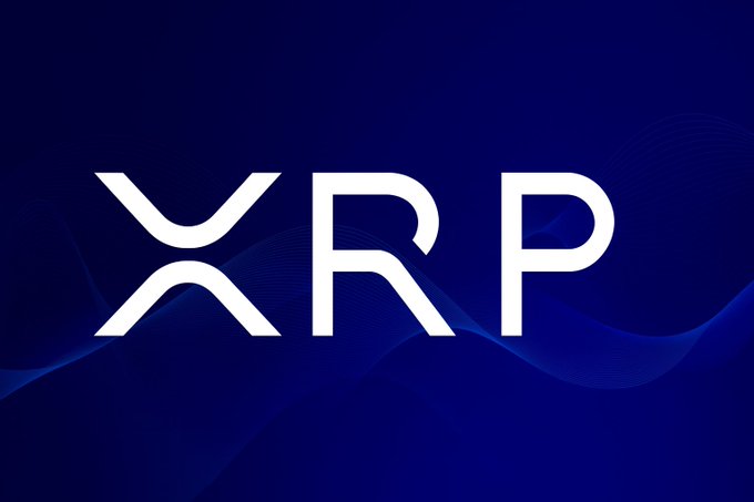 A bold white "XRP" logo is displayed against a deep blue background featuring subtle wave patterns, visually anchoring the cryptocurrency ticker referenced in the accompanying Sunday community message.