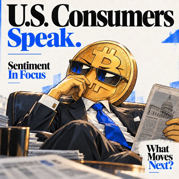 A stylized illustration features an anthropomorphized Bitcoin coin wearing sunglasses, a suit, and a blue tie, sitting thoughtfully with a newspaper displaying the U.S. Capitol building. The graphic is overlaid with bold text reading "U.S. Consumers Speak," "Sentiment In Focus," and "What Moves Next?"—tying directly to the post's question about how upcoming U.S. consumer sentiment data may impact Bitcoin's reaction to yields, the dollar, and overall risk sentiment.