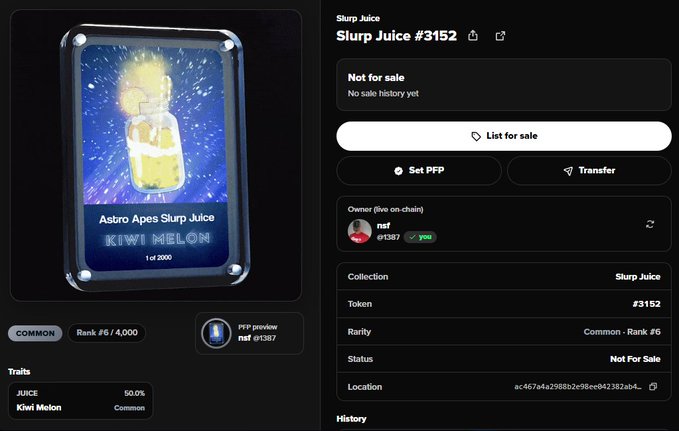 An NFT marketplace listing for 'Slurp Juice #3152' from the 'Slurp Juice' collection, marked 'Not for sale', showing a 'KIWI MELON' Astro Apes card artwork, owned by 'naf' (0x1387...), with traits including JUICE 50.0% and Kiwi Melon (Common).